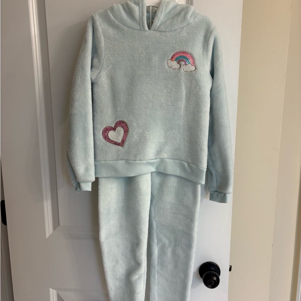 Derek Heart Light Blue Plush Hoodie Set with Heart Patch